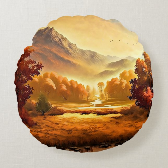 Herfst Landschap Schilderen-1 Rond Kussen (Voorkant)