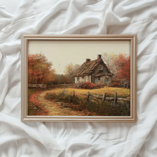 Herfst Landschapsprint, Landelijk Huisje Print, Fa Poster