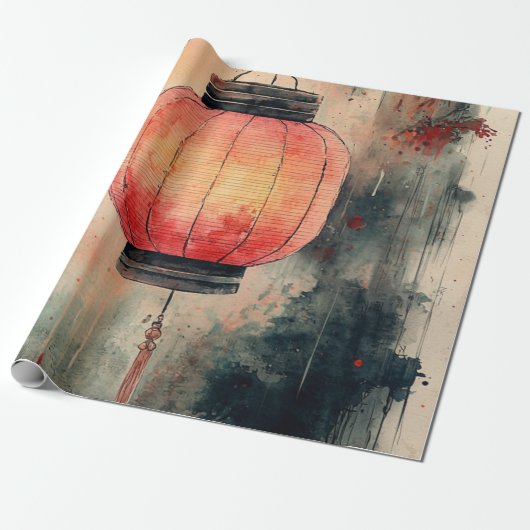 Herfst Lantaarn Sumi-E Waterverf Cadeaupapier (Uitgerold)