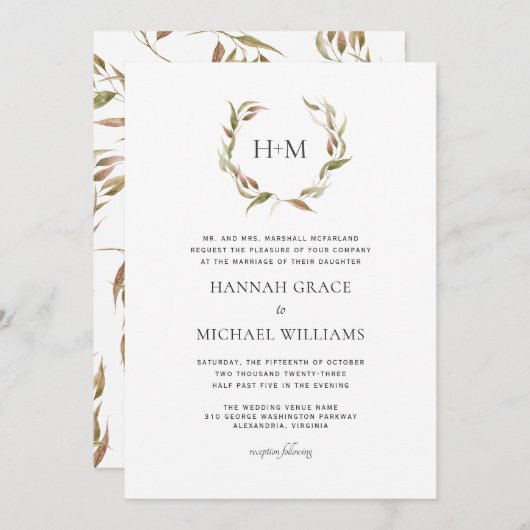 herfst laurier krans monogram bruiloft uitnodiging (Voorkant / Achterkant)