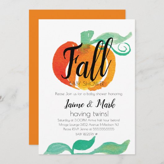 Herfst Leaf Pumpkin Baby shower Waterverf Sinaasap Kaart (Voorkant / Achterkant)