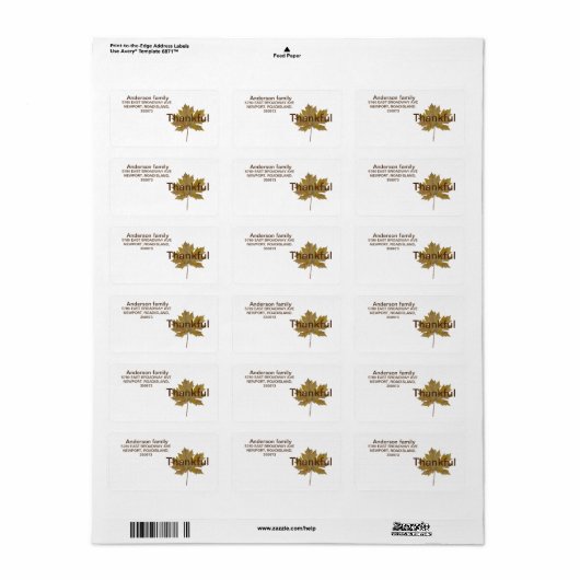 Herfst leaf "thankful" Return Address Label (Full Sheet)