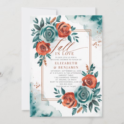 Herfst Liefde Blauwgroen Oranje Lijst bruiloft Vri Kaart (Voorkant)