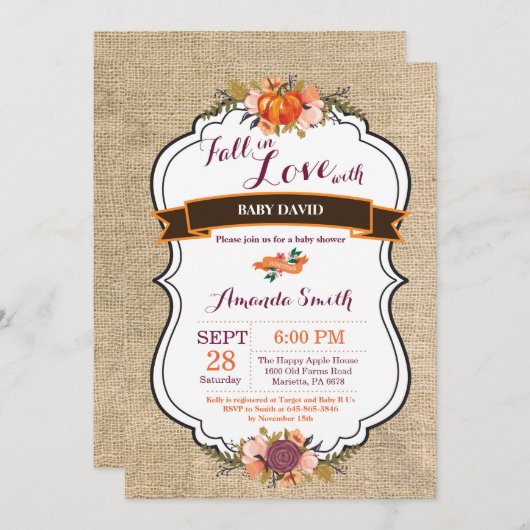 Herfst Liefde Pompoen Baby Shower Uitnodiging Jute (Voorkant / Achterkant)