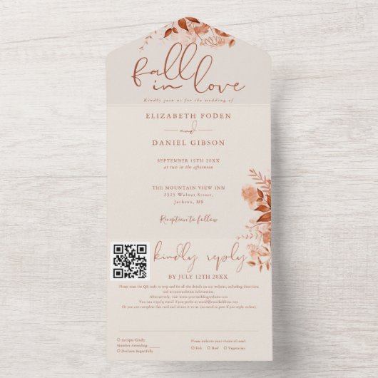 Herfst Liefde Roestige Bloemencode QR Code Trouwen All In One Uitnodiging (Binnen)
