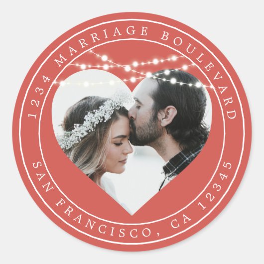 Herfst Liefde Rustieke Lichten Rood Bruiloft Foto Ronde Sticker (Voorkant)