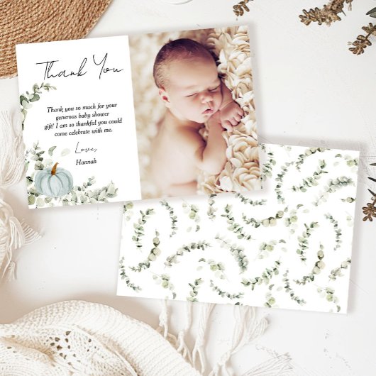 Herfst Little Blue Pumpkin Baby shower Foto Bedankkaart