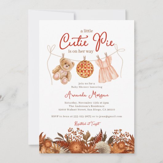 Herfst Little Cutie Pie Teddy Bear Girl Baby showe Kaart (Voorkant)