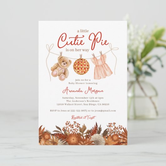 Herfst Little Cutie Pie Teddy Bear Girl Baby showe Kaart (Staand voorkant)