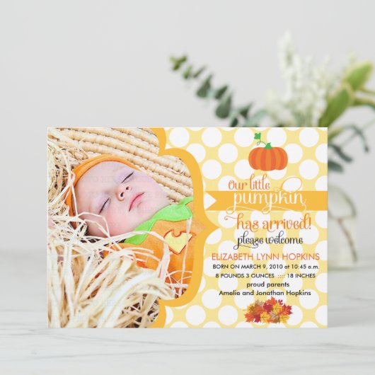 Herfst Little Pumpkin Photo Birth Announding Aankondiging (Staand voorkant)