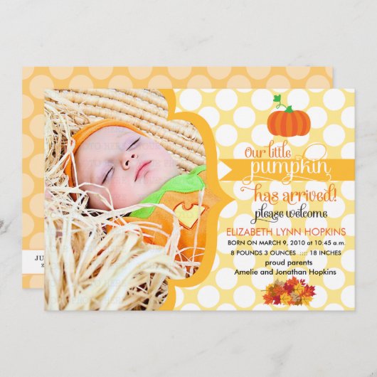 Herfst Little Pumpkin Photo Birth Announding Aankondiging (Voorkant / Achterkant)
