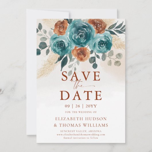 Herfst Love Blauwgroen Verbrand Sinaasappel Weddin Save The Date (Voorkant)