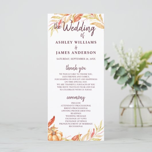 Herfst Love Golden Foliage Burgundy Wedding Progra Programmakaart (Staand voorkant)