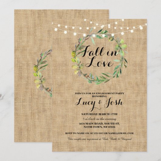 Herfst Love Wreath Burlap Verloving Floral Invite Kaart (Voorkant / Achterkant)