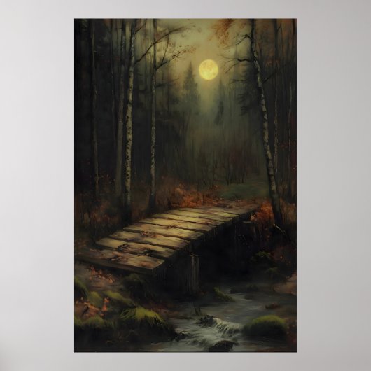 Herfst Maanverlichte Bosbrug Rustieke Bosgrond Kun Poster (Voorkant)