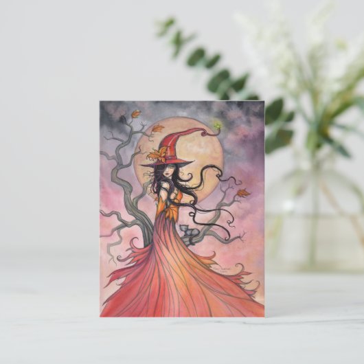 Herfst Magic Witch en Kat Fantasie Halloween Art Feestdagenkaart (Staand voorkant)