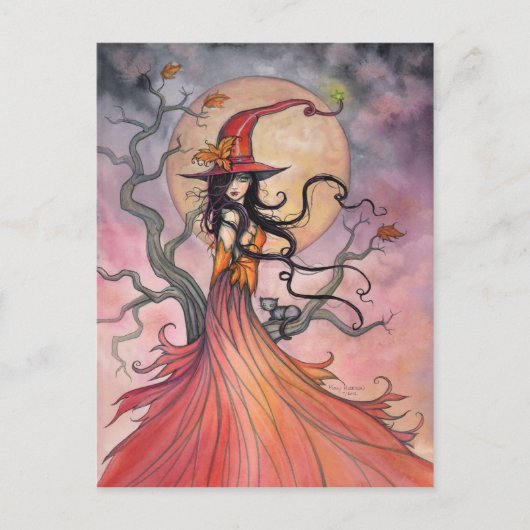 Herfst Magic Witch en Kat Fantasie Halloween Art Feestdagenkaart (Voorkant)