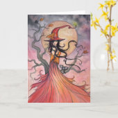 Herfst Magische Heks en Kat Halloween Kunst Kaart (Gele Bloem)