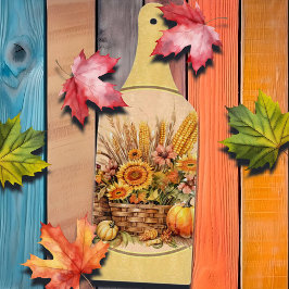 Herfst mand, bloemen, pompoenen, mais peddel snijplank