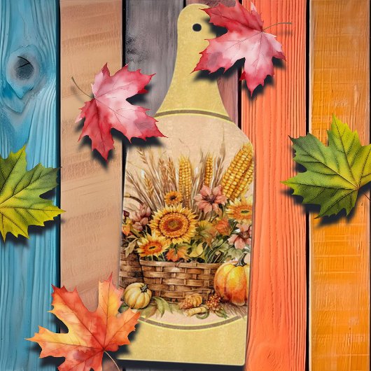 Herfst mand, bloemen, pompoenen, mais peddel snijplank