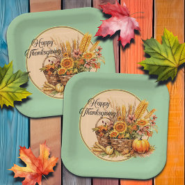 Herfst mand, bloemen, pompoenen, maïs Thanksgiving Papieren Bordje