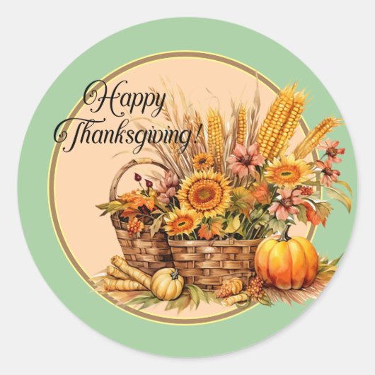 Herfst mand, bloemen, pompoenen, maïs Thanksgiving Ronde Sticker (Voorkant)