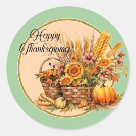 Herfst mand, bloemen, pompoenen, maïs Thanksgiving Ronde Sticker