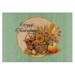 Herfst mand, bloemetjes, pompoenen, maïs rond snijplank