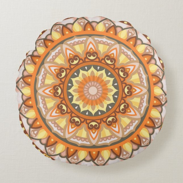 Herfst Mandala Gezellige Herfst Boho Oranje Rond Kussen (Voorkant)