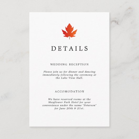 Herfst Maple Leaf Black & White Wedding Details Informatiekaartje (Voorkant)