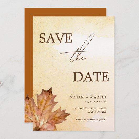 Herfst Maple Leaf Brunt Oranje Waterverf Save The Date (Voorkant / Achterkant)