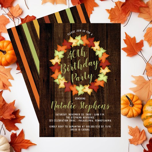 Herfst Maple Leaves Wreate Faux Wood Birthday Part Kaart