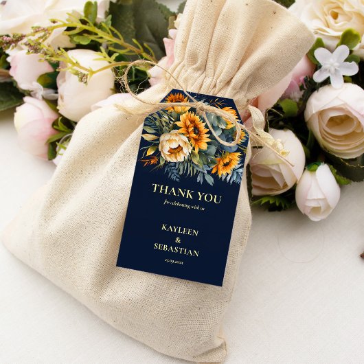 Herfst marineblauw rustieke zonnebloem bruiloft cadeaulabel