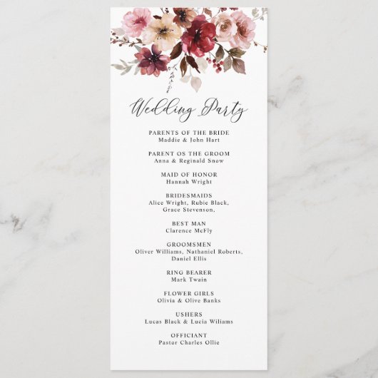 Herfst Maroon Blush Boho Floral Wedding Flat Progr Programmakaart (Achterkant)