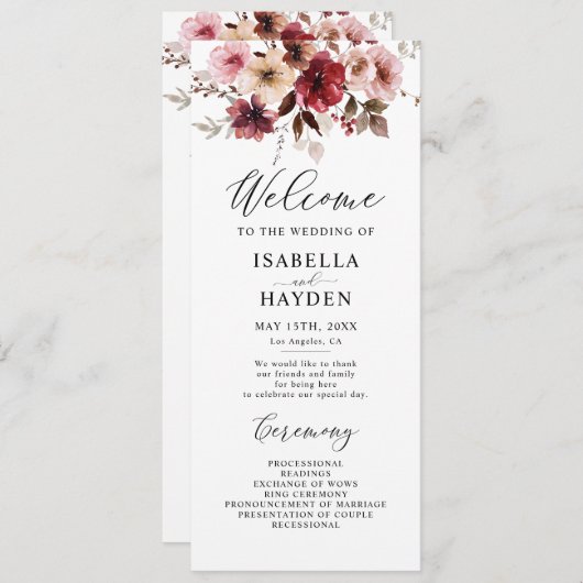 Herfst Maroon Blush Boho Floral Wedding Flat Progr Programmakaart (Voorkant / Achterkant)