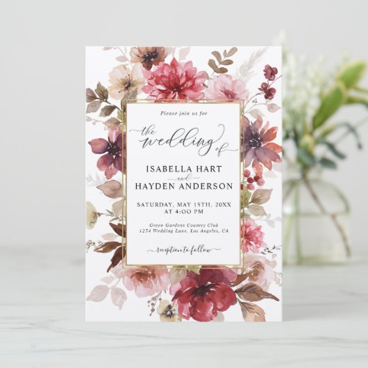 Herfst Maroon Blush Gold Alles in 1 QR Code Huweli Kaart (Staand voorkant)