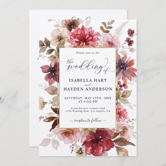 Herfst Maroon Blush Gold Alles in 1 QR Code Huweli Kaart (Voorkant / Achterkant)