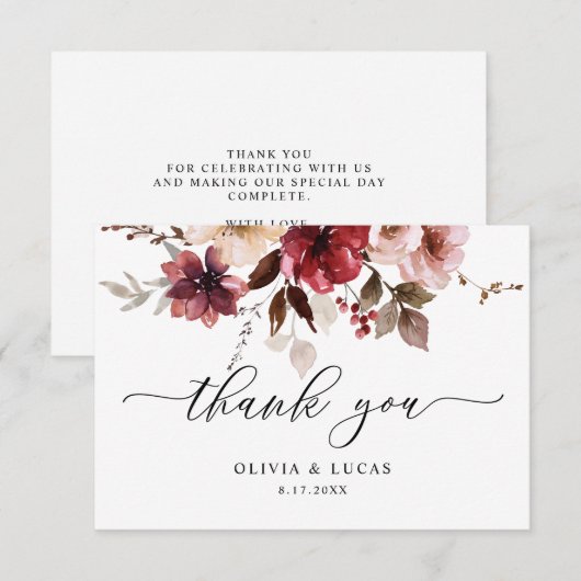Herfst Maroon Floral Dusty Roze Bourgogne Huwelijk Bedankkaart (Voorkant / Achterkant)