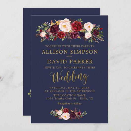 Herfst Marsala Bloemig Navy Elegante Trouwkaart Kaart (Voorkant / Achterkant)