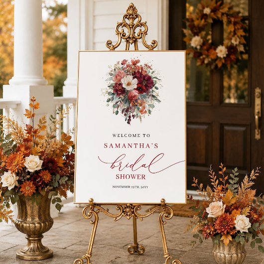 Herfst marsala bloemrijke bruiloftswelcome bord d poster