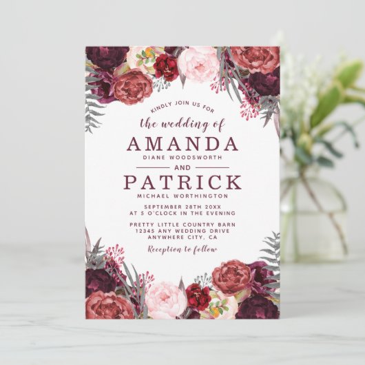 Herfst Marsala Blush Pioen Bruiloft Uitnodigingen (Staand voorkant)