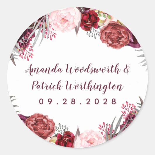 Herfst Marsala Blush Roze Pioen Herfst bruiloft gu Ronde Sticker (Voorkant)