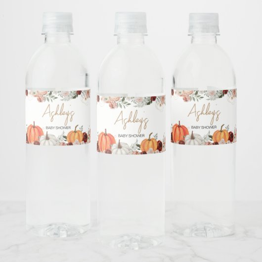 Herfst Marsala Bourgogne Bloemen Pompoen Baby show Waterfles Etiket (Flessen)