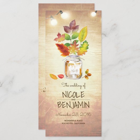 Herfst Mason Jar en String Lights Trouwprogramma's Programmakaart (Voorkant / Achterkant)