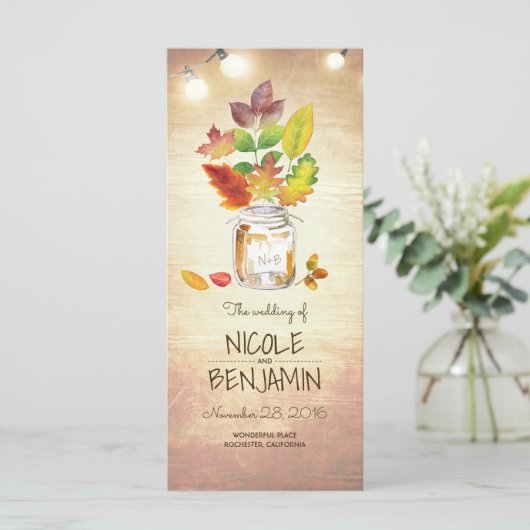 Herfst Mason Jar en String Lights Trouwprogramma's Programmakaart (Staand voorkant)