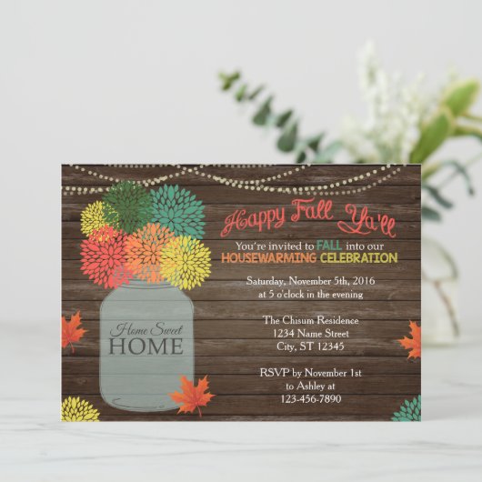 Herfst Mason Jar Housewarming Invitation Kaart (Staand voorkant)
