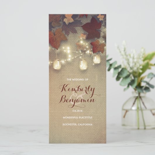 Herfst Mason Jar Licht Rustieke Maple Wedding Prog Programmakaart (Staand voorkant)