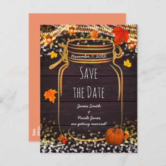 Herfst Mason Jar Rustic Autumn sparen de Datum Aankondigingskaart (Voorkant / Achterkant)