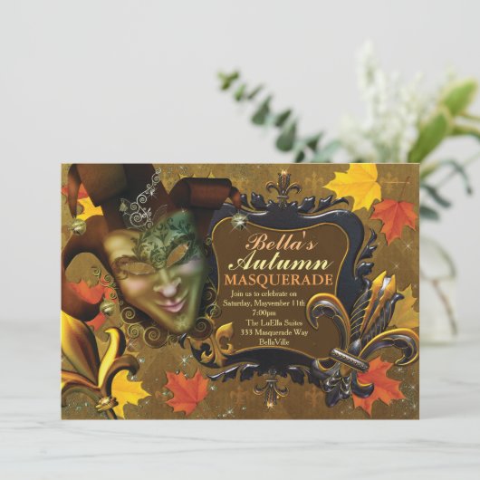 Herfst Masquerade Birthday Party Kaart (Staand voorkant)