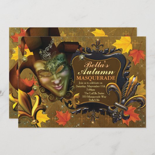 Herfst Masquerade Birthday Party Kaart (Voorkant / Achterkant)